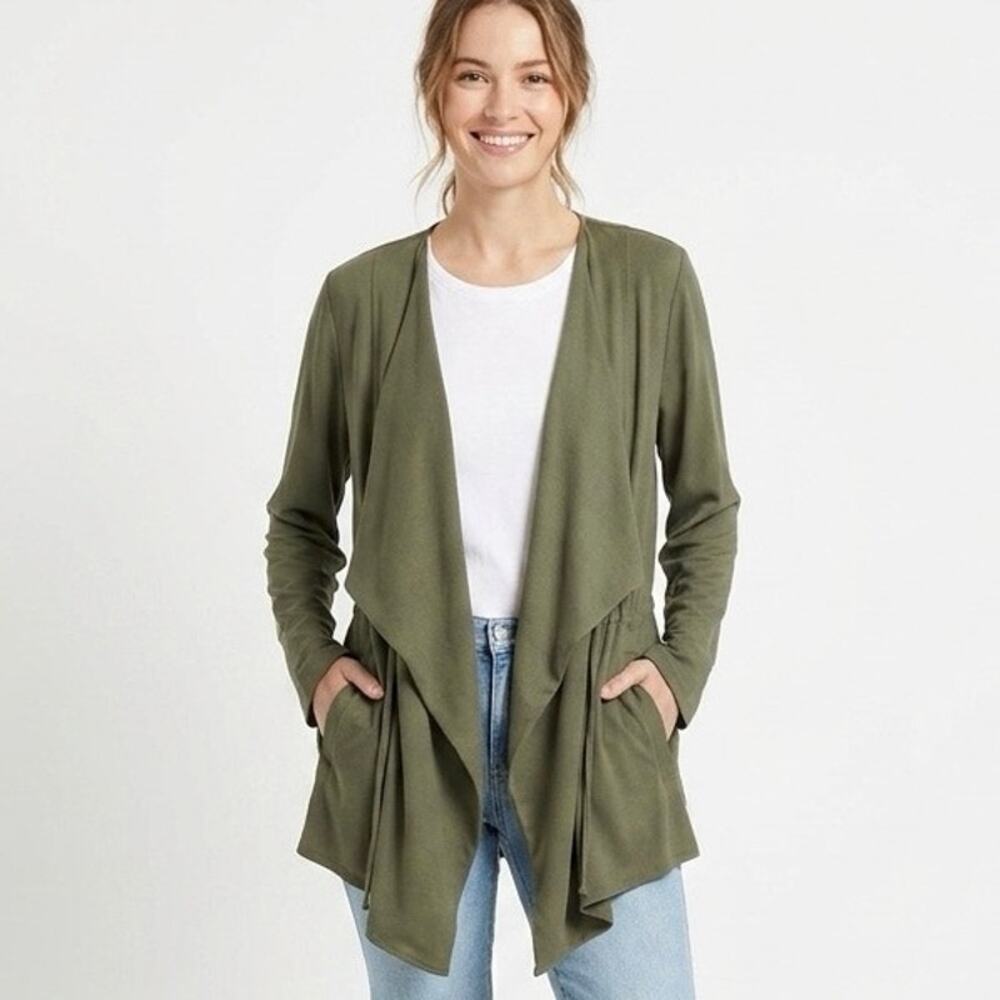 Bleuh Ciel Women's Open Front Cardigan Top M Green Shawl Neck Long Sleeve Wrap